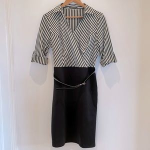Suzy Shier Striped Belted Mini Dress. Collared V-Neck. Size M. 92% Polye…